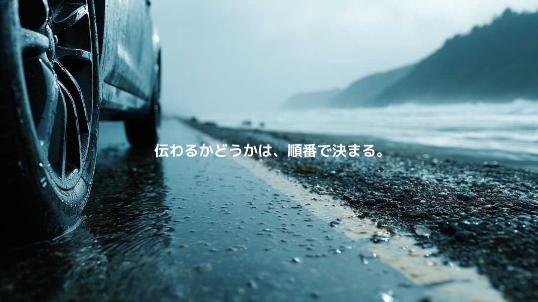雨に濡れた海岸道路を走る車のタイヤ。道路から海へ流れるタイヤ摩耗粉を表現したイメージ