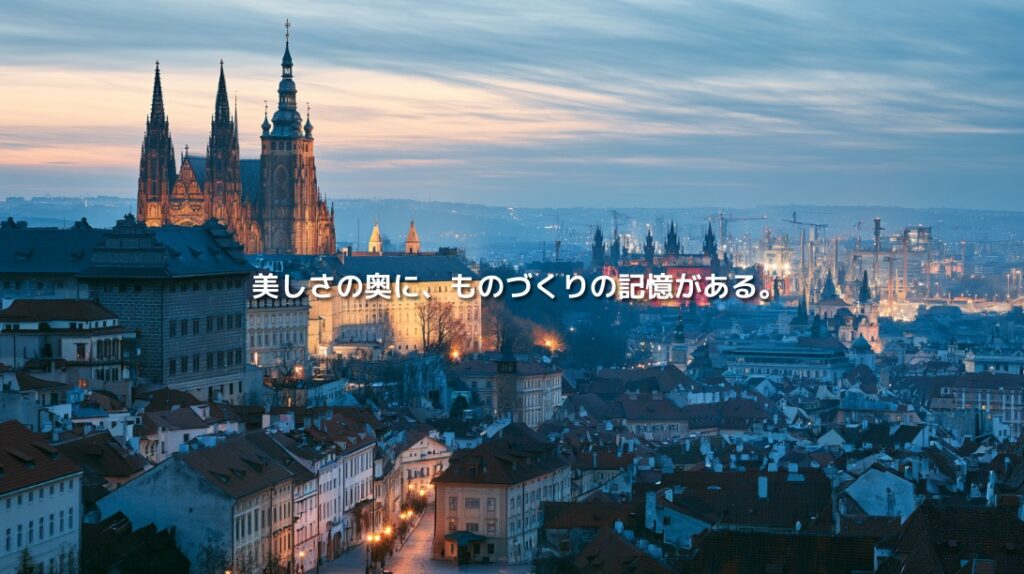 プラハ城と歴史的な街並み、その奥に広がる工業地帯を描いたチェコの都市風景