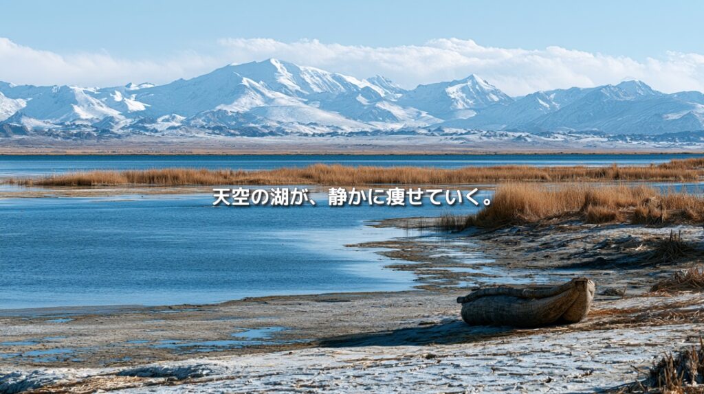 水位が低下して湖底が露出したチチカカ湖と、岸に残されたトトラ舟、背後に連なるアンデス山脈