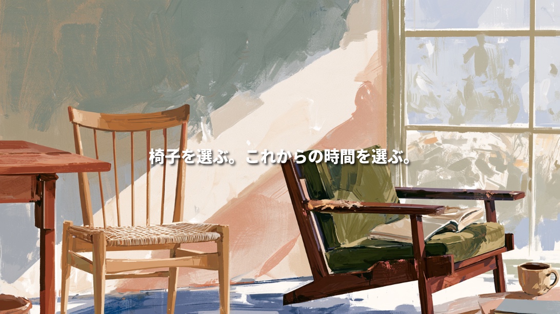Illustration of a woven-seat wooden chair and a green upholstered armchair beside a sunlit window, with Japanese text meaning “Choose a chair. Choose the time ahead.”