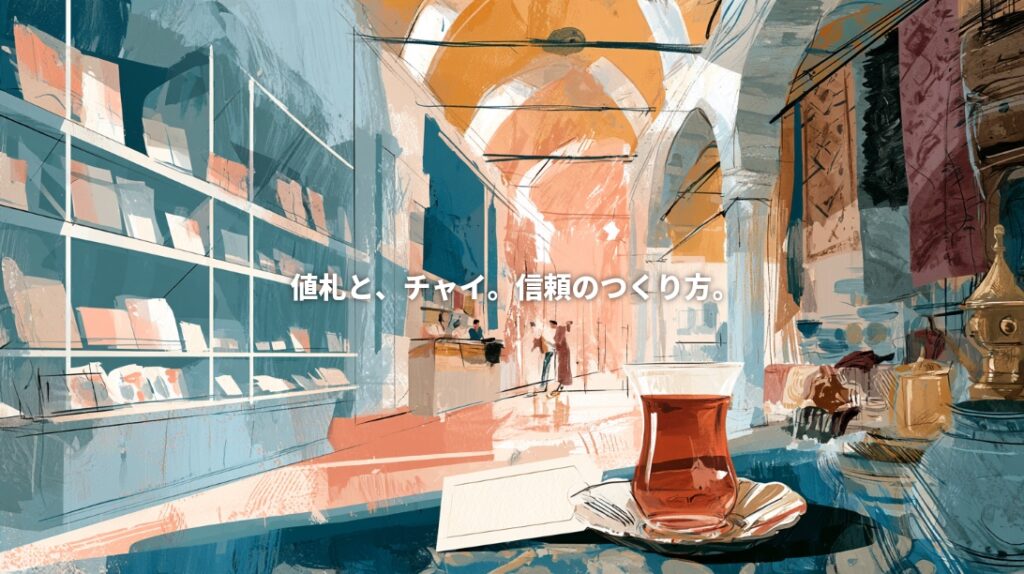 llustration blending orderly Japanese shop shelves with a Turkish bazaar, with a glass of amber çay in the foreground. Japanese text reads “Price tags and çay: how trust is built.”
