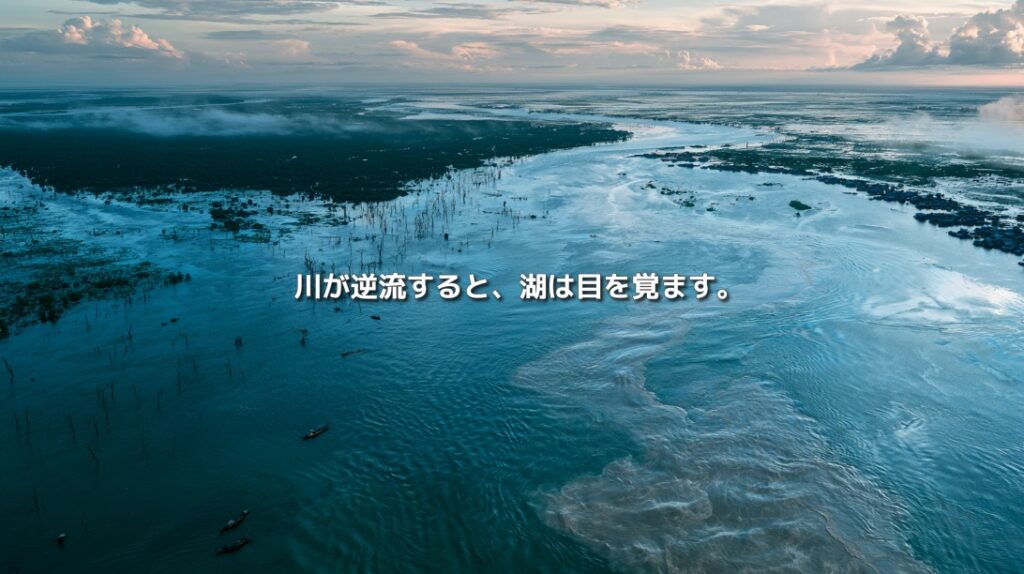 川の水が浸水林へ広がるトンレサップ湖の俯瞰風景。「川が逆流すると、湖は目を覚ます。」の文字