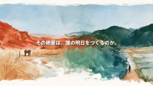 Watercolor illustration blending Namibia’s red desert, an elephant and a guide with Japan’s green satoyama hills, rice paddies and a local resident. Japanese text asks, “Whose tomorrow does this spectacular landscape create?”