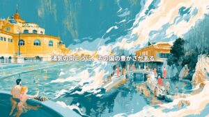 Illustration connecting Hungary’s Széchenyi thermal baths and a Japanese onsen town through swirling steam, with bathers playing chess and visitors in yukata. Japanese text reads, “Beyond the steam lies the richness of a country.”