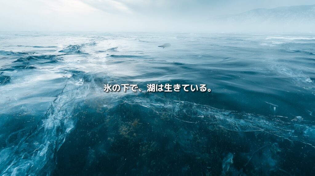 霧に包まれたバイカル湖の氷と、その下を泳ぐアザラシに「氷の下で、湖は生きている。」の文字を重ねたイメージ