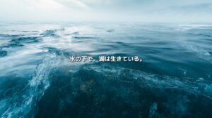 霧に包まれたバイカル湖の氷と、その下を泳ぐアザラシに「氷の下で、湖は生きている。」の文字を重ねたイメージ