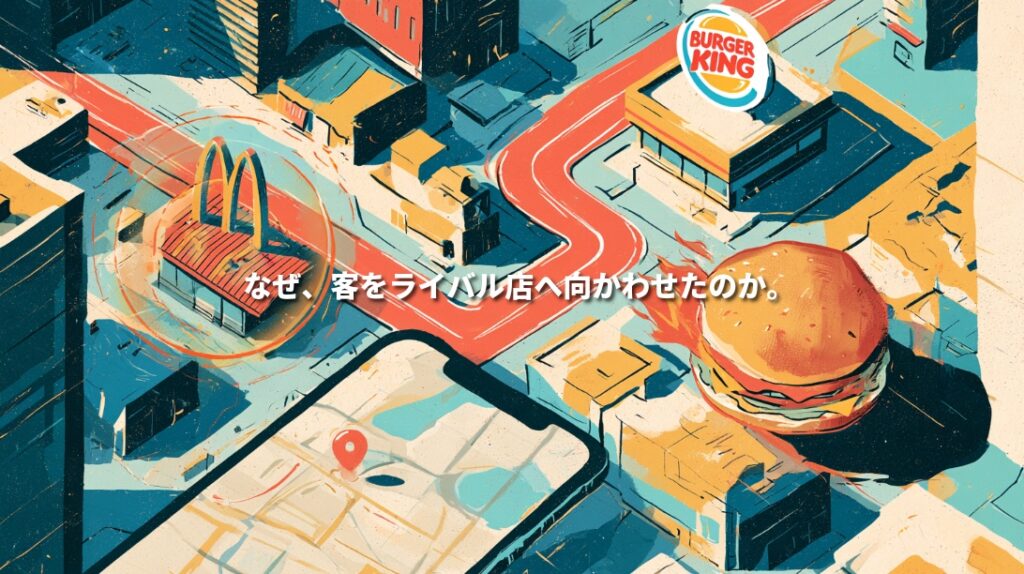 マクドナルドとバーガーキングを結ぶ曲がりくねった道、地図を表示したスマートフォン、ハンバーガーのイラスト。「なぜ、客をライバル店へ向かわせたのか。」の文字。
