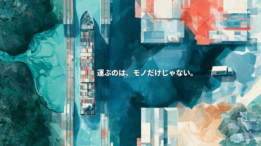 Illustration of a container ship passing through Panama Canal locks beside a stylized Japanese logistics district and delivery truck, with Japanese text reading “Transporting more than just goods.”