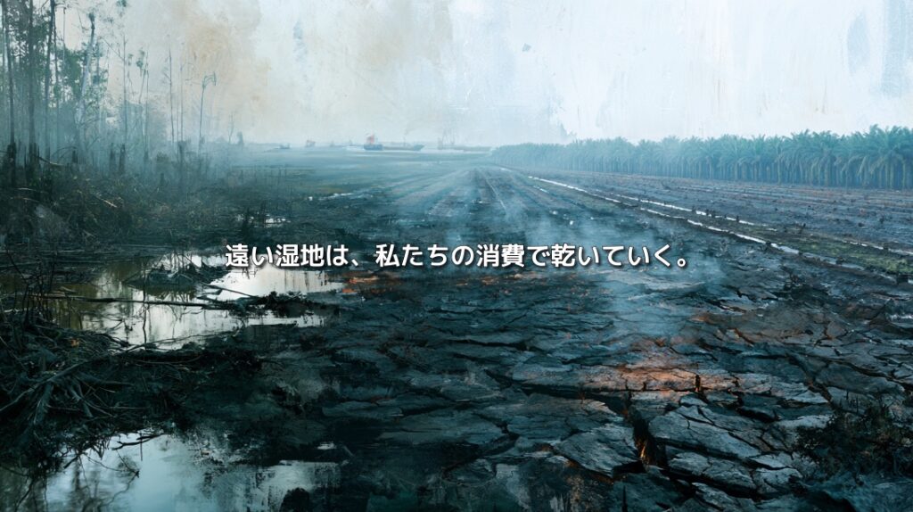 湿った泥炭林と排水され乾燥したアブラヤシ農園が並び、「遠い湿地は、私たちの消費で乾いていく。」と記されたイメージ