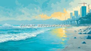 富士山を望む静岡海岸と、海岸沿いに建つ高層ビルや道路を描いた高度経済成長と海岸侵食のイメージ