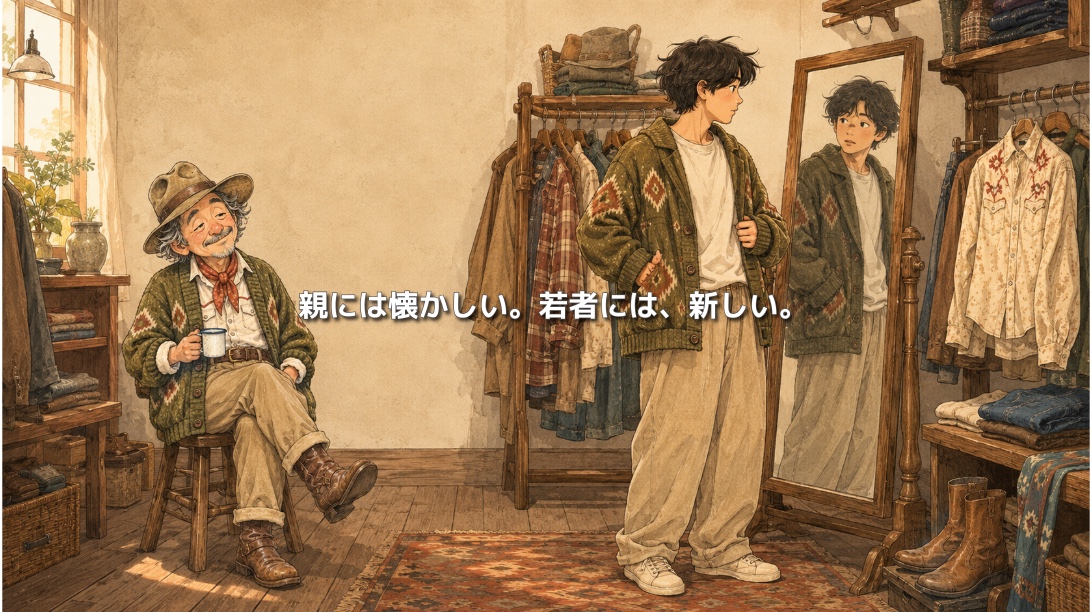 古着店で親世代のカーディガンを着る若者と、それを見守るロイおじさん。「親には懐かしい。若者には、新しい。」と描かれたイラスト