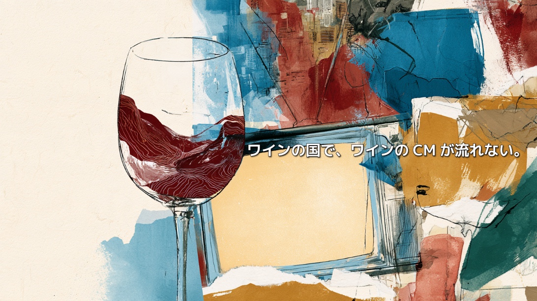 Colorful collage of a red wine glass and a vintage television, with Japanese text reading “In the land of wine, wine commercials do not air.”