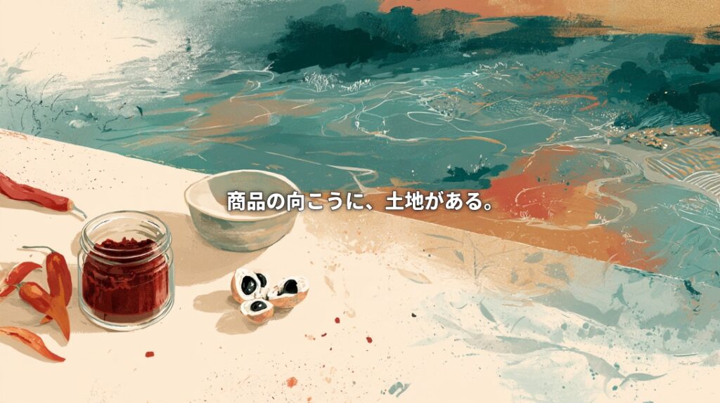 Illustration of chili powder, peppers, guarana fruits, and a ceramic bowl against an abstract Amazonian landscape, with Japanese text meaning “Beyond the product lies the land.”
