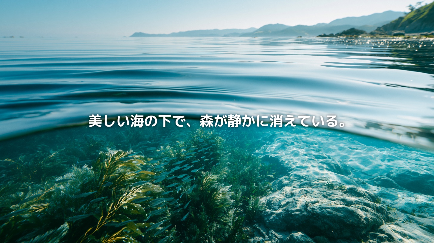 海面の下に広がる藻場と、磯焼けで白くなった海底を対比した沿岸の海
