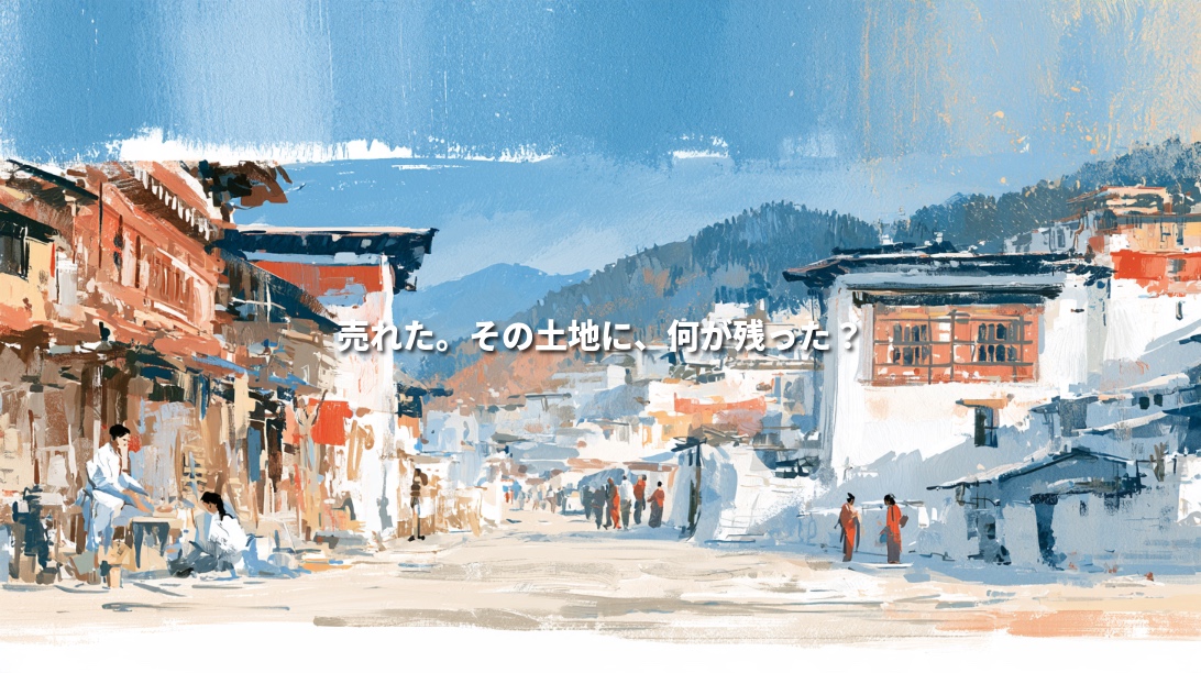 Painterly illustration of a Bhutanese mountain town with whitewashed buildings, ornate wooden windows, artisans and pedestrians. Japanese text reads, “It sold. What remained for the place?”