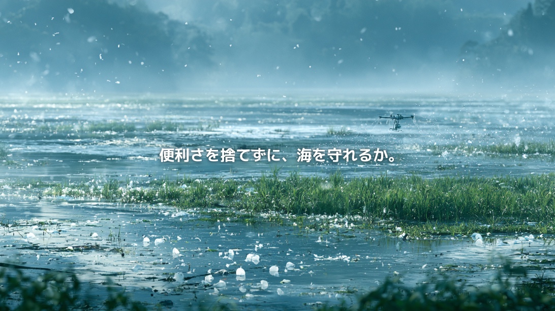 プラスチック被膜殻が浮かぶ水田と、肥料を精密散布するドローン。「便利さを捨てずに、海を守れるか。」の文字を配置した環境問題のイメージ