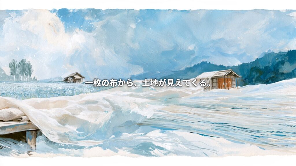 Watercolor illustration linking a Belarusian flax field with cloth spread across a Japanese snowfield, with Japanese text reading “A single piece of cloth reveals the land.”