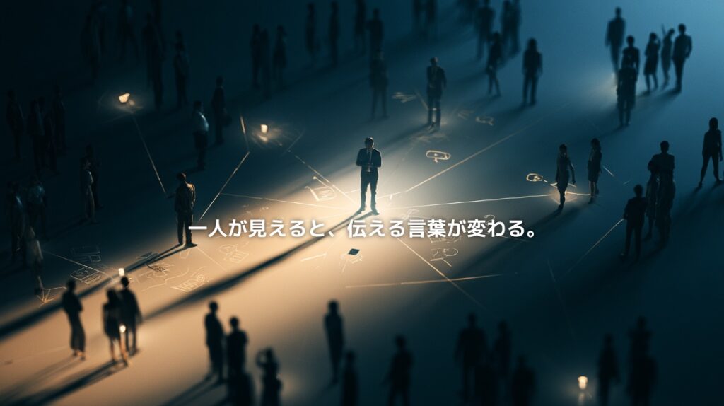 多くの人々の中から一人のペルソナに焦点を当て、届ける相手を具体化するイメージ