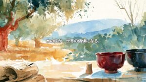 Watercolor illustration of Portuguese cork oaks, harvested cork bark, a cork stopper, and red and black Japanese lacquer bowls, with the Japanese headline “Tree bark becomes global value.”
