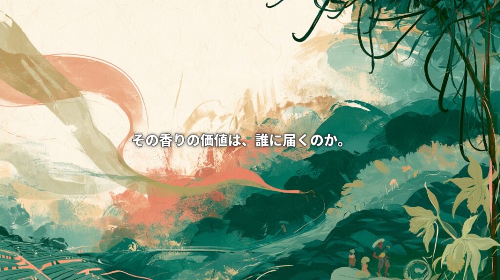 Painterly green hills and farmland with vanilla flowers, hanging pods, and small farmer figures, overlaid with Japanese text asking, “Who receives the value of that aroma?”