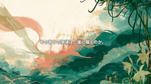Painterly green hills and farmland with vanilla flowers, hanging pods, and small farmer figures, overlaid with Japanese text asking, “Who receives the value of that aroma?”