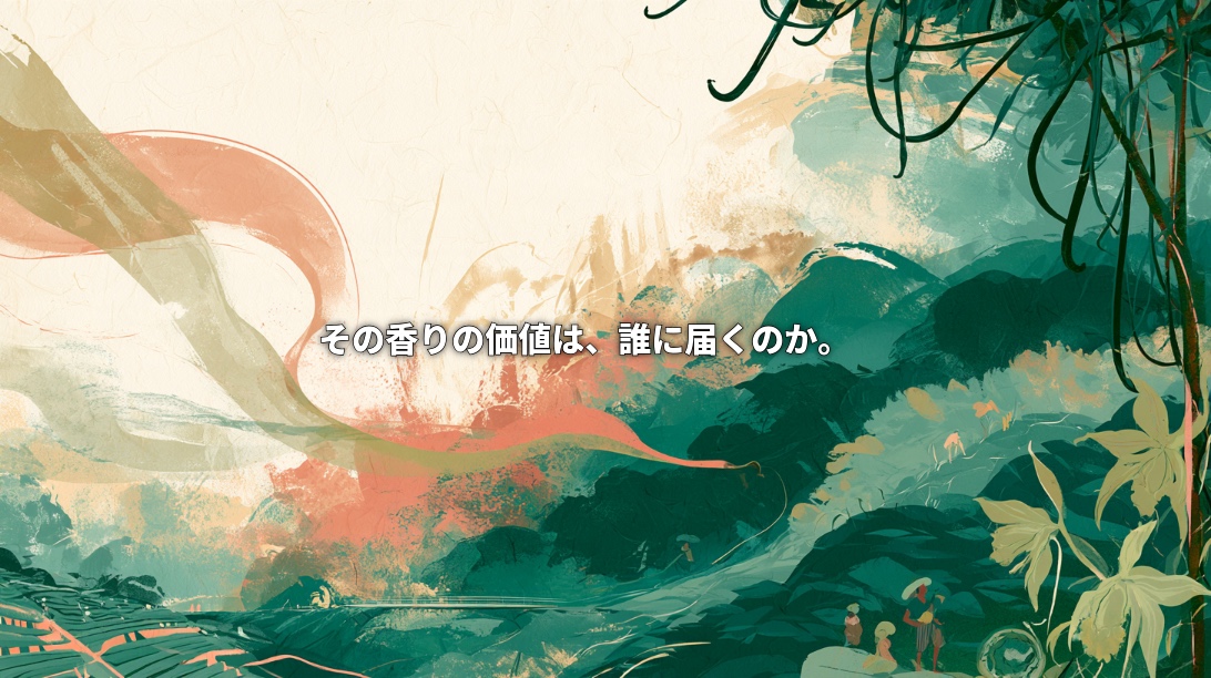 Painterly green hills and farmland with vanilla flowers, hanging pods, and small farmer figures, overlaid with Japanese text asking, “Who receives the value of that aroma?”