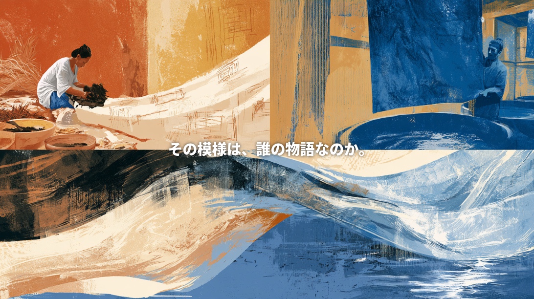 Illustration connecting Malian mud dyeing and Japanese indigo dyeing through flowing fabric in earthy brown and blue, with the Japanese headline “Whose story does this pattern tell?”