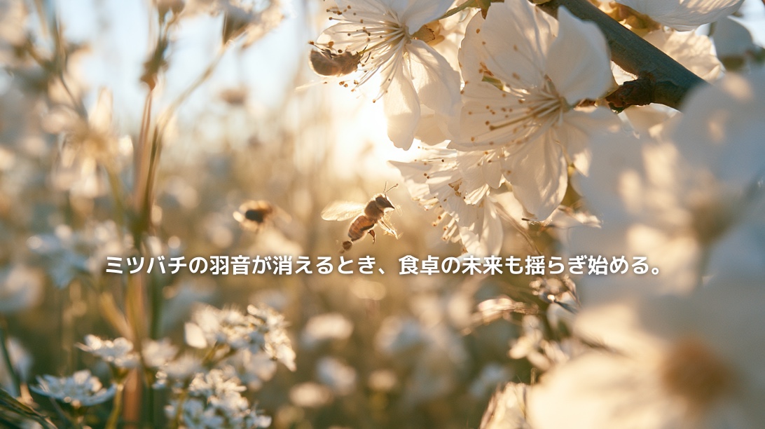 花のまわりを飛ぶミツバチと、花粉媒介者が支える自然のつながりを表現した風景
