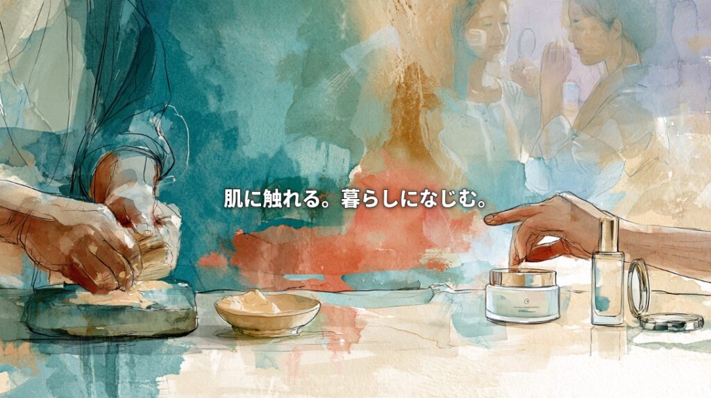 Watercolor illustration of hands grinding thanakha wood on a stone slab and opening a skincare jar, with women applying cosmetics in the background. Japanese text reads, “Touches the skin. Fits into everyday life.”
