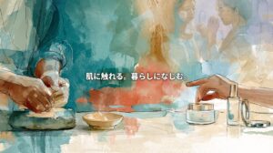 Watercolor illustration of hands grinding thanakha wood on a stone slab and opening a skincare jar, with women applying cosmetics in the background. Japanese text reads, “Touches the skin. Fits into everyday life.”