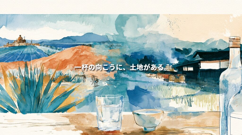 Watercolor illustration of Mexican agave fields and a Japanese sake brewery, with a tequila glass and ceramic sake cup in the foreground. Japanese text reads, “Beyond each glass lies a sense of place.”
