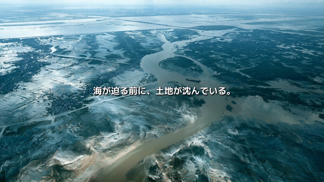 無数の水路と低湿地が広がるメコンデルタを上空から捉え、「海が迫る前に、土地が沈んでいる。」と記された地盤沈下のイメージ