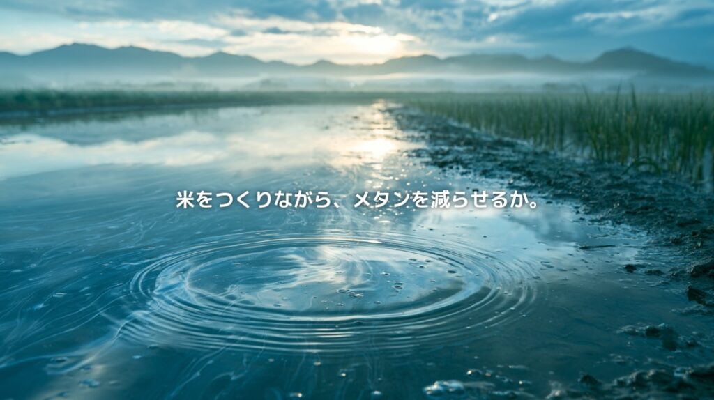 朝霧に包まれた水田の水面に波紋が広がり、「米をつくりながら、メタンを減らせるか。」の文字を配置したイメージ