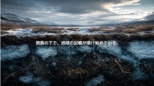 永久凍土の地表と地下断面を表現した、北極圏の凍った大地の風景