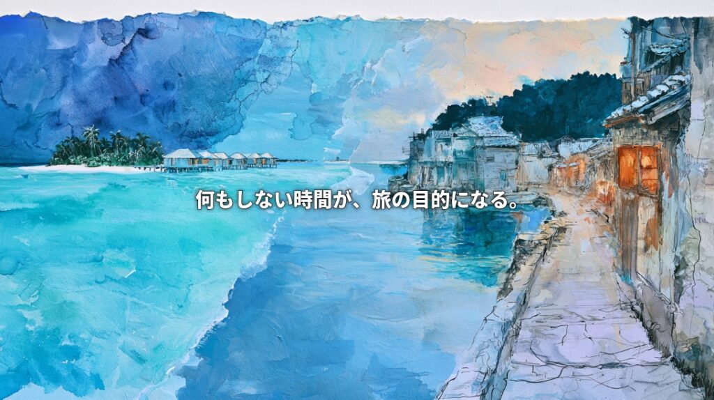 Watercolor illustration connecting a turquoise Maldivian lagoon and overwater villas with a traditional Japanese waterfront town, with Japanese text reading “Time spent doing nothing becomes the purpose of travel.”
