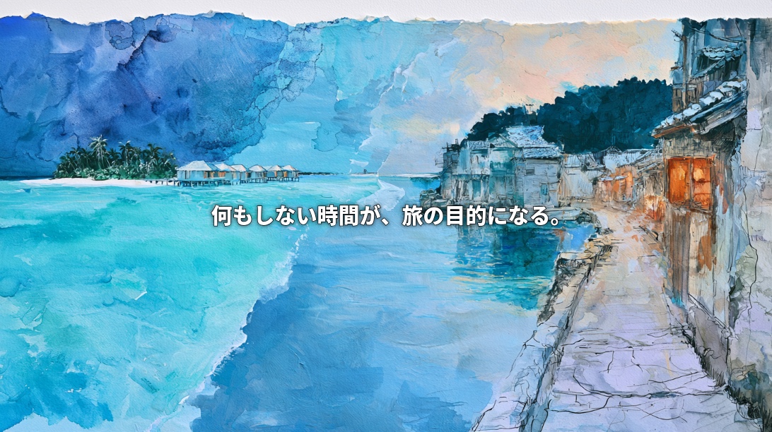 Watercolor illustration connecting a turquoise Maldivian lagoon and overwater villas with a traditional Japanese waterfront town, with Japanese text reading “Time spent doing nothing becomes the purpose of travel.”