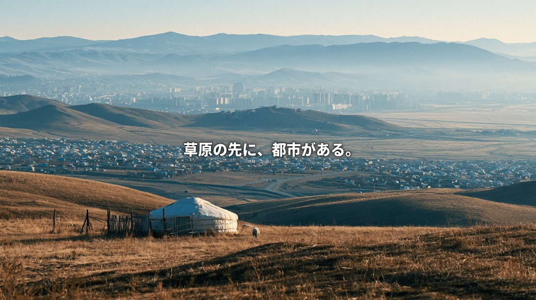 A white ger stands on a golden grassy hillside overlooking sprawling settlements and a distant city framed by mountains. Japanese text reads, “Beyond the grasslands, there is a city.”