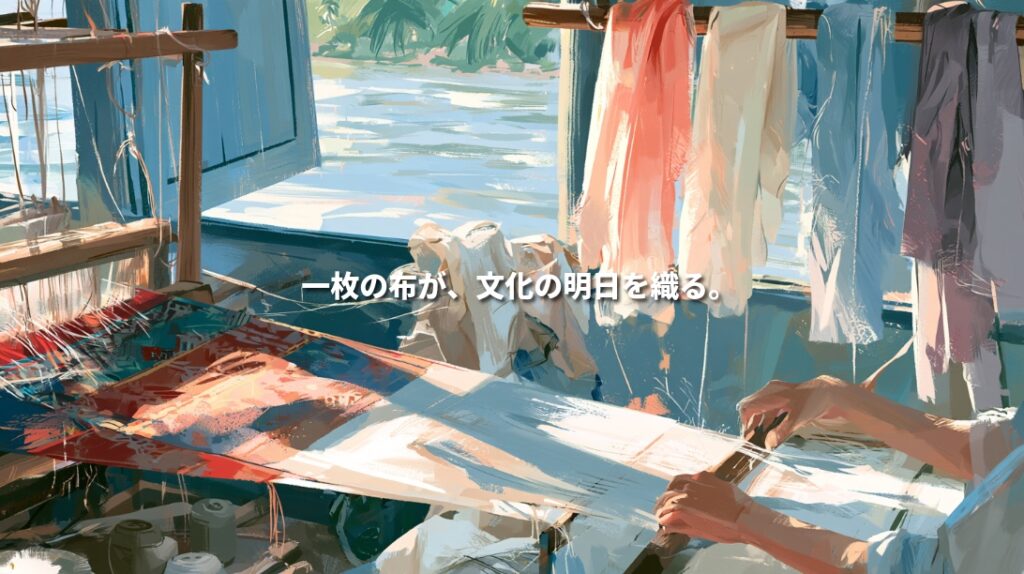 Illustration of hands weaving fabric on a wooden loom in a sunlit riverside studio, with colorful scarves hanging nearby and Japanese text meaning “A piece of cloth weaves the future of culture.”