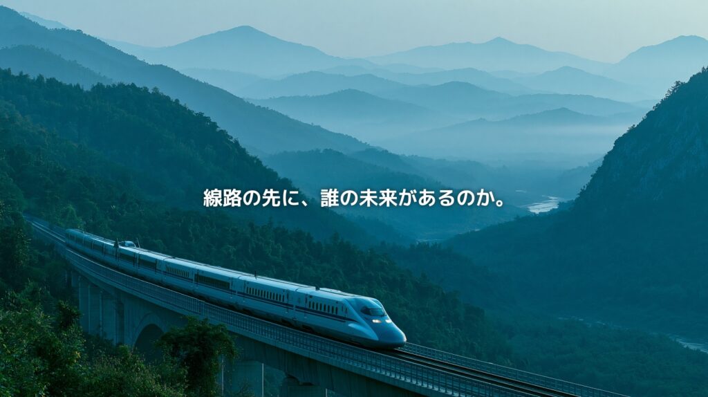 ラオスの山岳地帯を走る中国ラオス鉄道と「線路の先に、誰の未来があるのか。」の文字