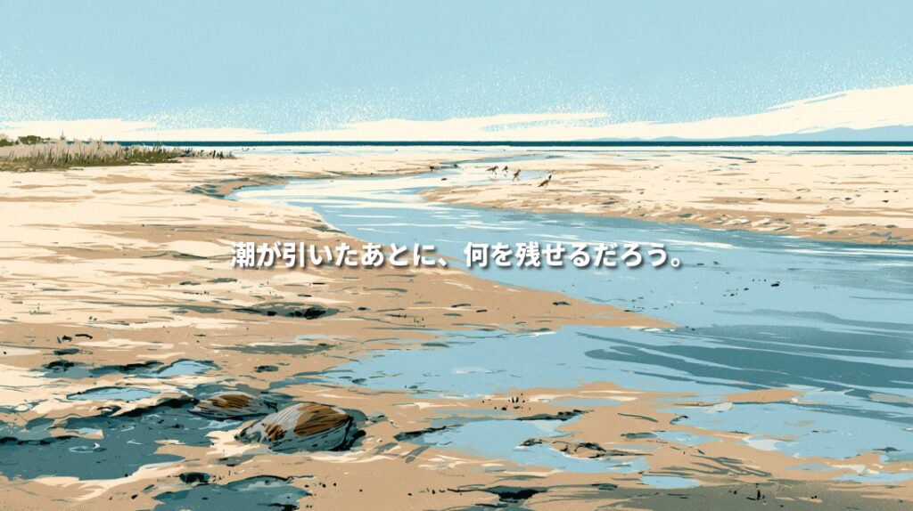 Woodblock-style illustration of an Ise Bay tidal flat in Mie, Japan, with clam shells, a winding tidal channel, and shorebirds. Japanese text reads, “What can we leave behind when the tide goes out?”