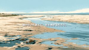 Woodblock-style illustration of an Ise Bay tidal flat in Mie, Japan, with clam shells, a winding tidal channel, and shorebirds. Japanese text reads, “What can we leave behind when the tide goes out?”