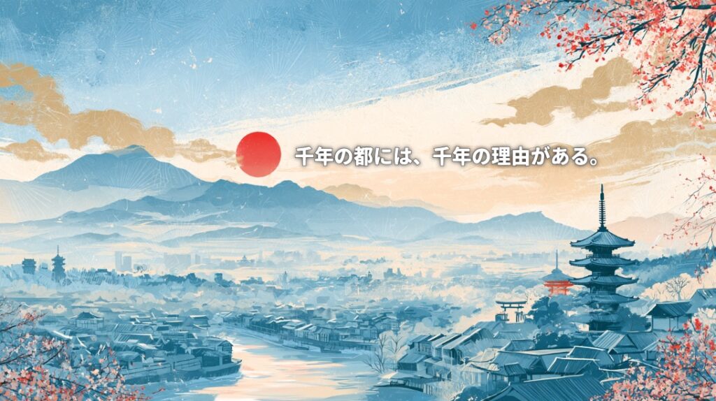 現代浮世絵風に描かれた京都盆地の風景。山々に囲まれた京都の街並み、寺院の五重塔、川の流れ、赤い太陽が描かれ、「千年の都には、千年の理由がある。」という文字が重なる。