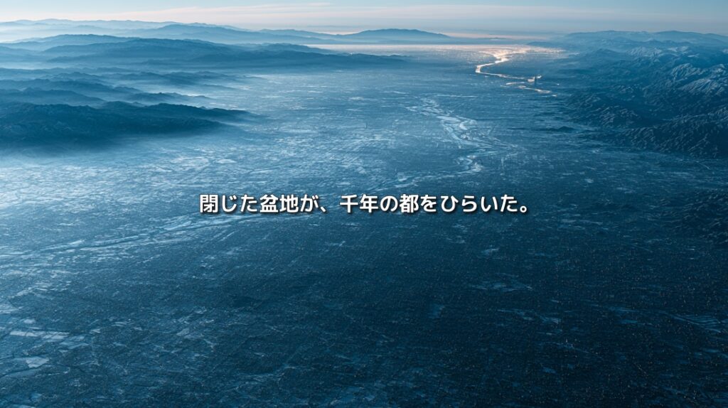 山々に囲まれ、川が流れる京都盆地を上空から望む風景。「閉じた盆地が、千年の都をひらいた。」の文字