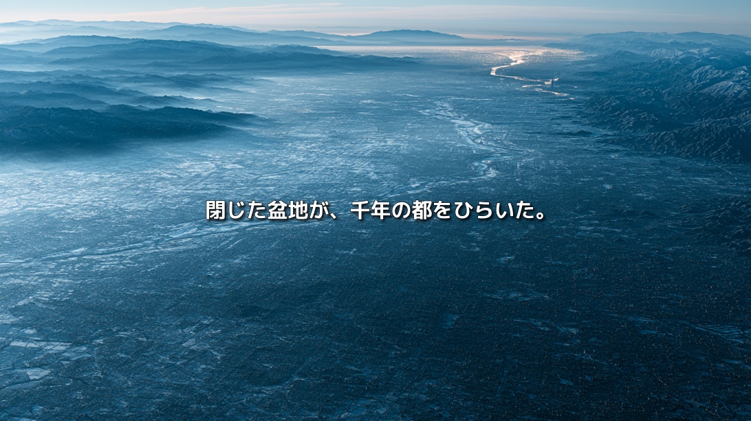 山々に囲まれ、川が流れる京都盆地を上空から望む風景。「閉じた盆地が、千年の都をひらいた。」の文字