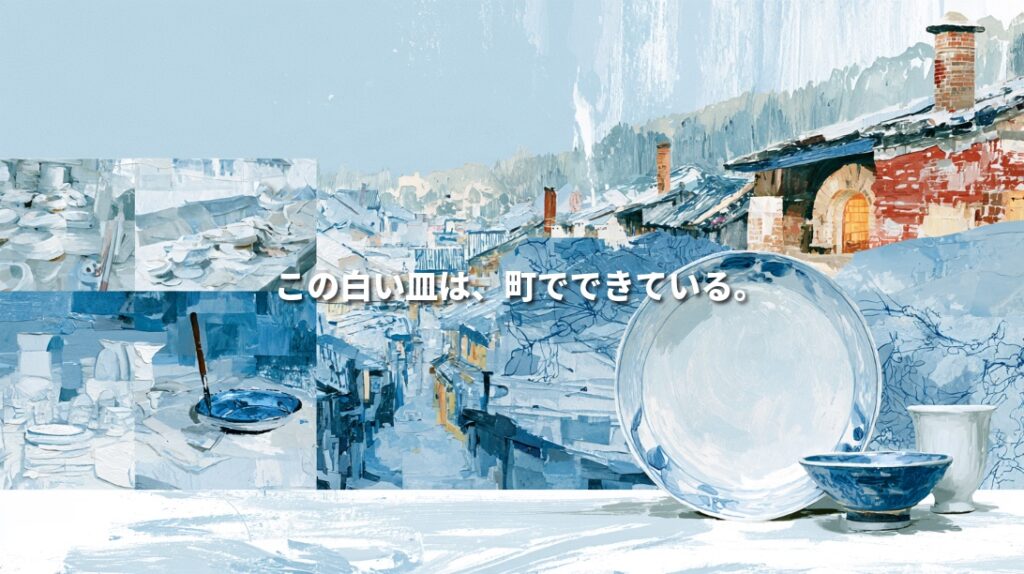 Illustration of a white Arita porcelain plate, blue-and-white bowl, and white cup, with pottery workshops, tiled rooftops, and brick kilns behind them. Japanese text reads, “This white plate is made by a town.”