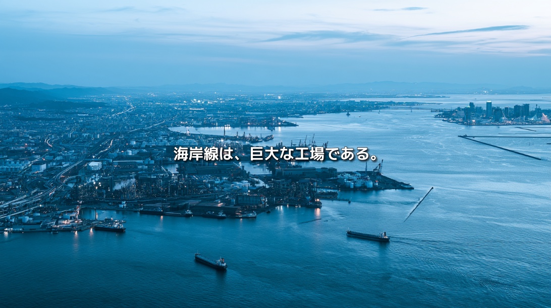 瀬戸内海を航行する貨物船と、海岸線に連なる港湾・工場群を俯瞰した播磨臨海産業回廊のイメージ