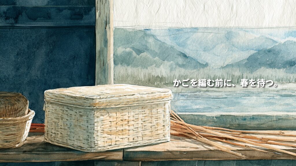 豊岡杞柳細工の柳行李と柳の枝を手前に、川と山並みを描いた水彩画。「かごを編む前に、春を待つ。」の文字が添えられている。