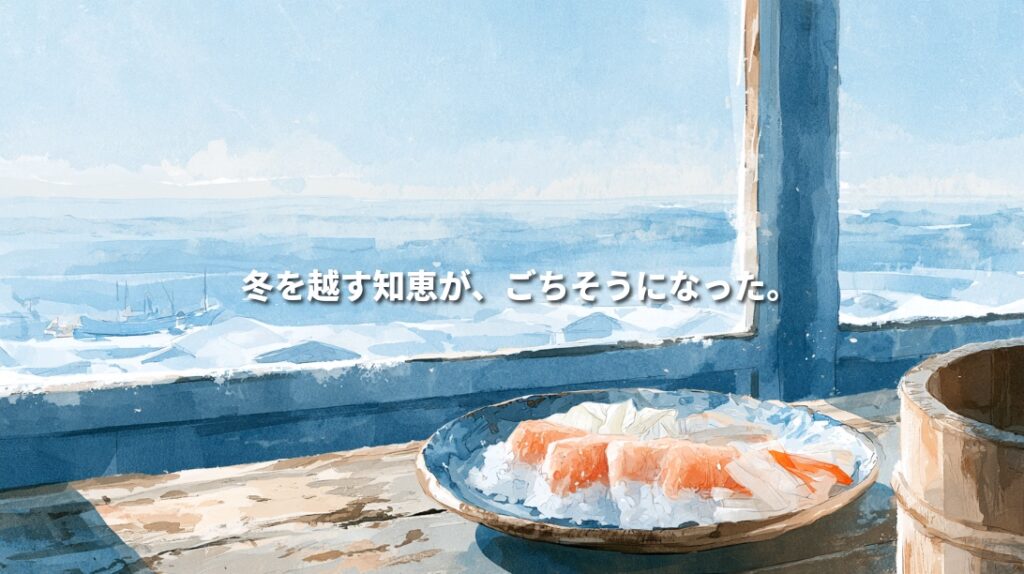 Watercolor illustration of salmon izushi on a ceramic plate beside a wooden tub, overlooking a snowy Hokkaido harbor. Japanese text reads, “Wisdom for enduring winter became a feast.”