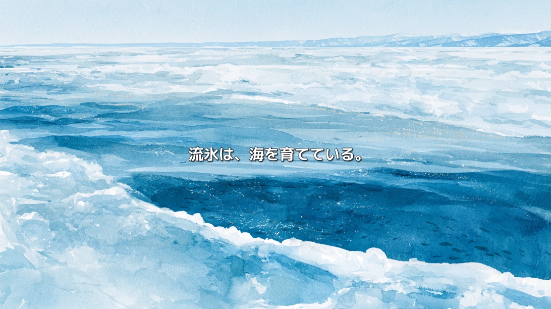 北海道・オホーツク海の流氷と青い海を描いたイラスト。「流氷は、海を育てている。」の文字入り