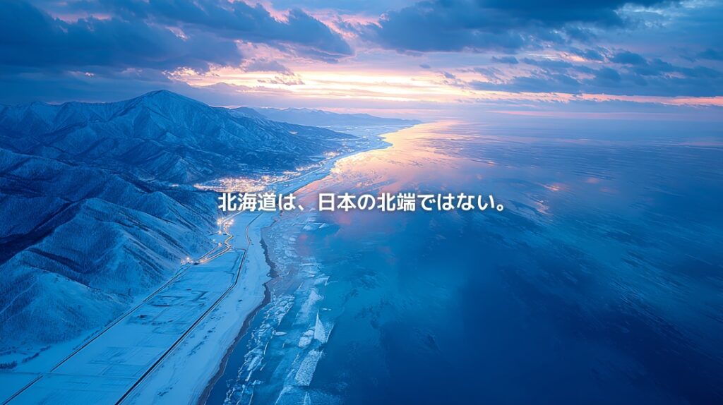 雪山と海岸線が広がる北海道を上空から望んだ風景。「北海道は、日本の北端ではない。」の文字を配置